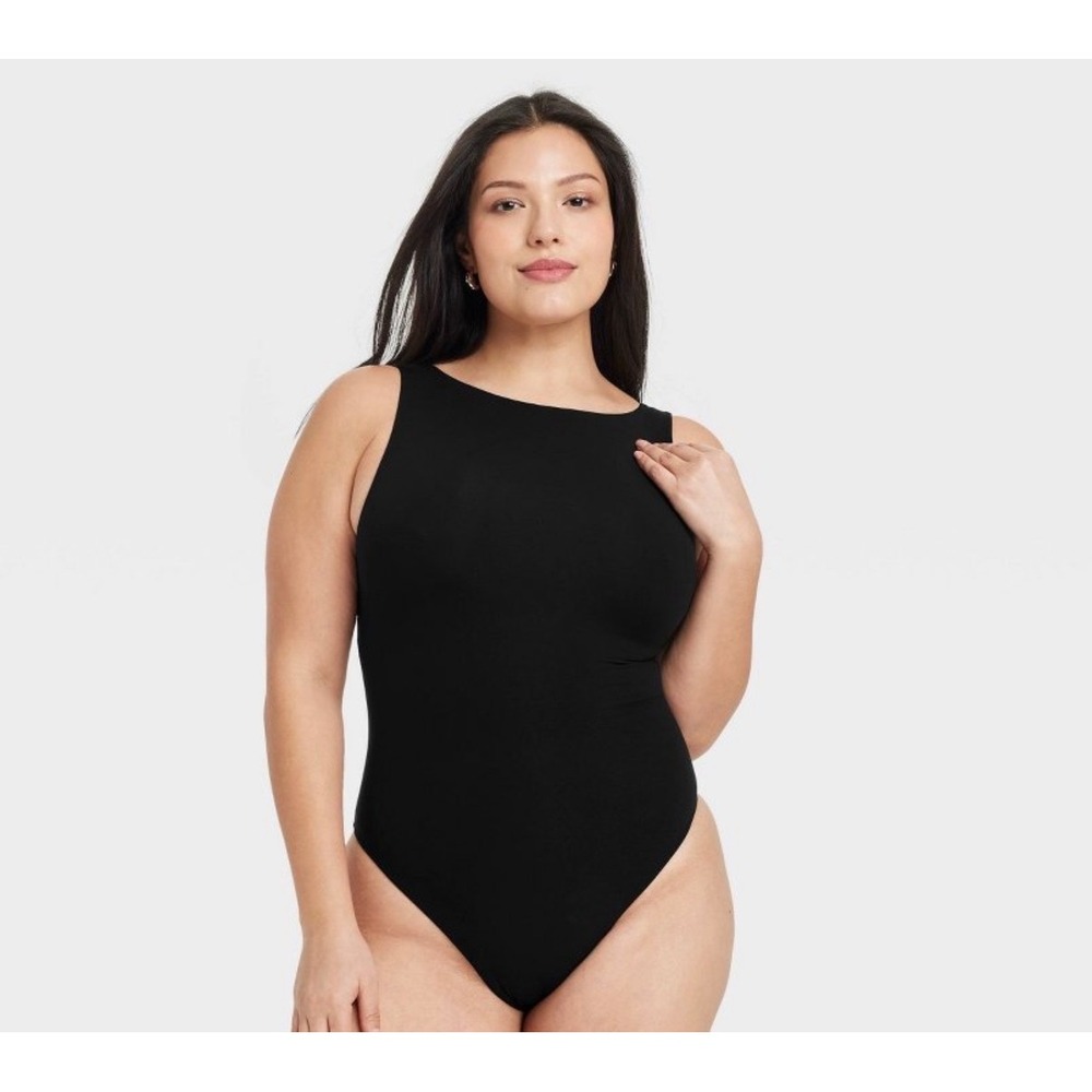 Auden Luxe Stretch Fully Lined Bodysuit Black Boat Neck Sleeveless Medium NWT